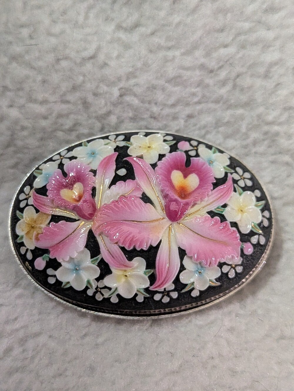 Vintage Toshikane Porcelain Pink Flowers Orchid Black Brooch Arita Ware Japan